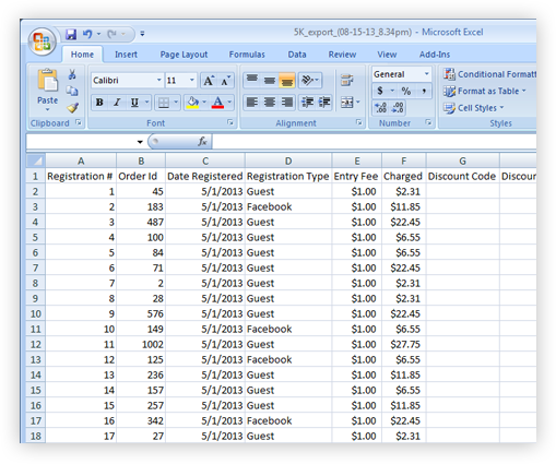 Excel download of registration list